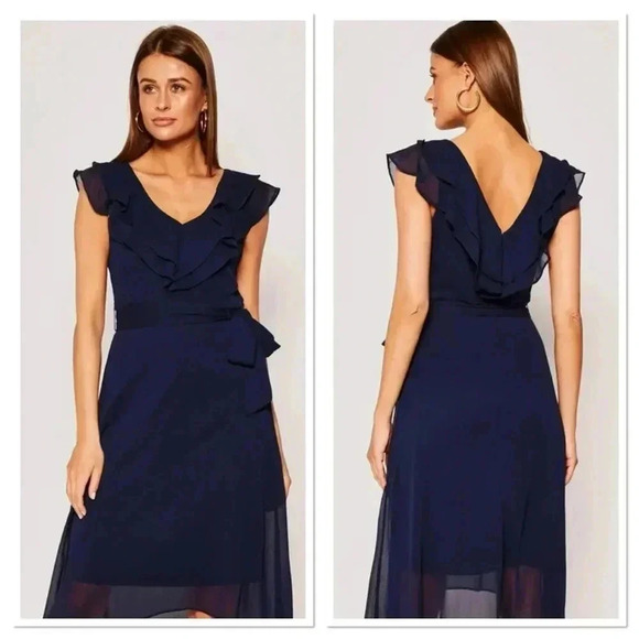 DKNY  Navy Ruffle V Neck Chiffon Dress 12 - Picture 1 of 9